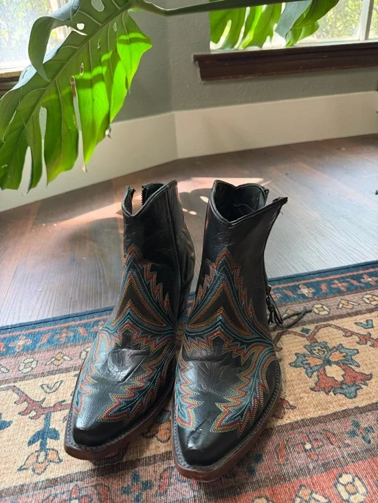 Embroidered Leather Ankle Boots in Black with Multicolor Stitching - Picture 2 of 6